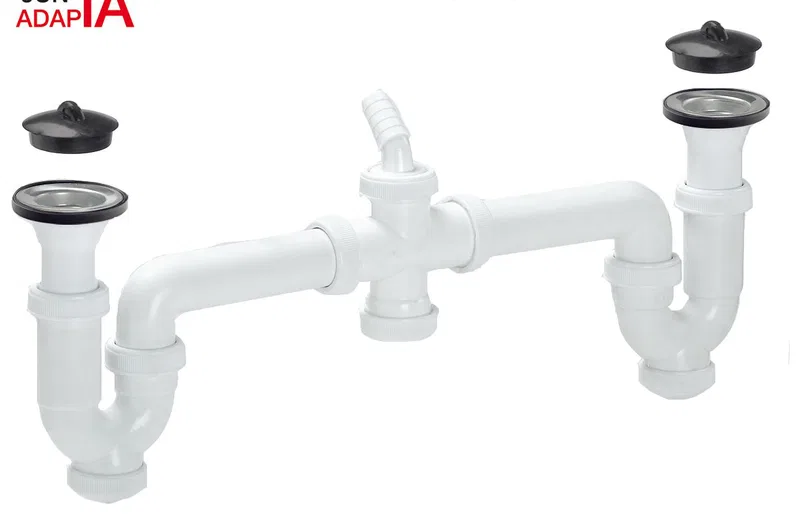 DOBLE SIFÓN CURVO EXTENSIBLE CON VÁLVULA Y TAPÓN